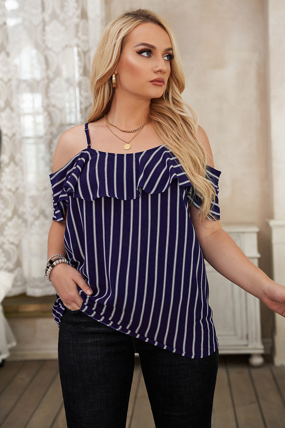 Women's Plus Size Casual Blouse Summer V Neck Stripe Sling Strapless T-Shirt Top Sai Feel
