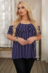 Women's Plus Size Casual Blouse Summer V Neck Stripe Sling Strapless T-Shirt Top Sai Feel