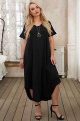 Women's Plus Size Dress V-Neck Short Sleeve Loose Fit Solid Color Rounded Hemline Maxi Dress Sai Feel