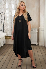 Women's Plus Size Dress V-Neck Short Sleeve Loose Fit Solid Color Rounded Hemline Maxi Dress Sai Feel