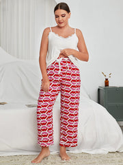 Women's Plus Size Lace Spaghetti Straps Top And Allover printed Pants Lounge Set Sai Feel