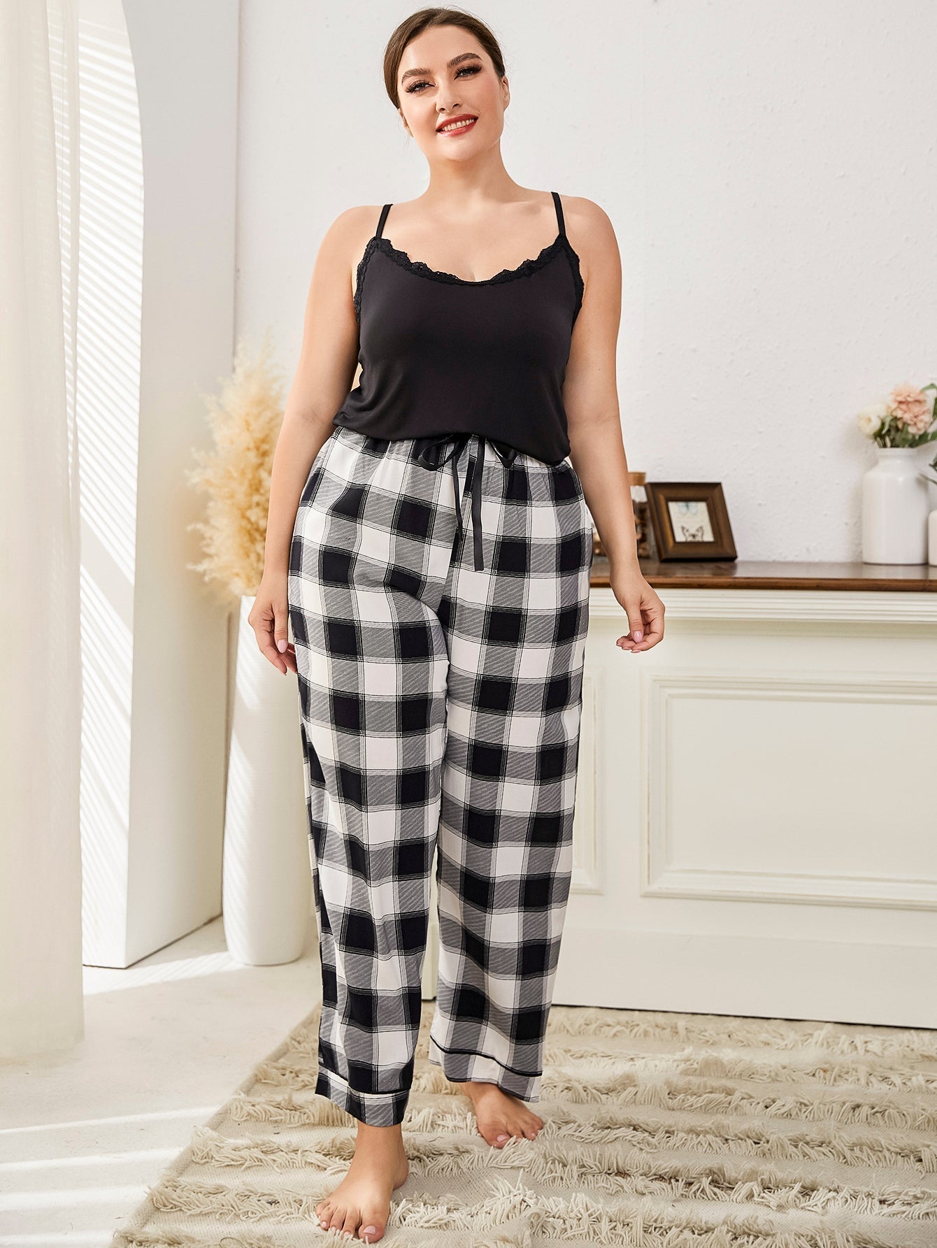 Women's Plus Size Lace Spaghetti Straps Top And Plaid Pants Lounge Set Sai Feel