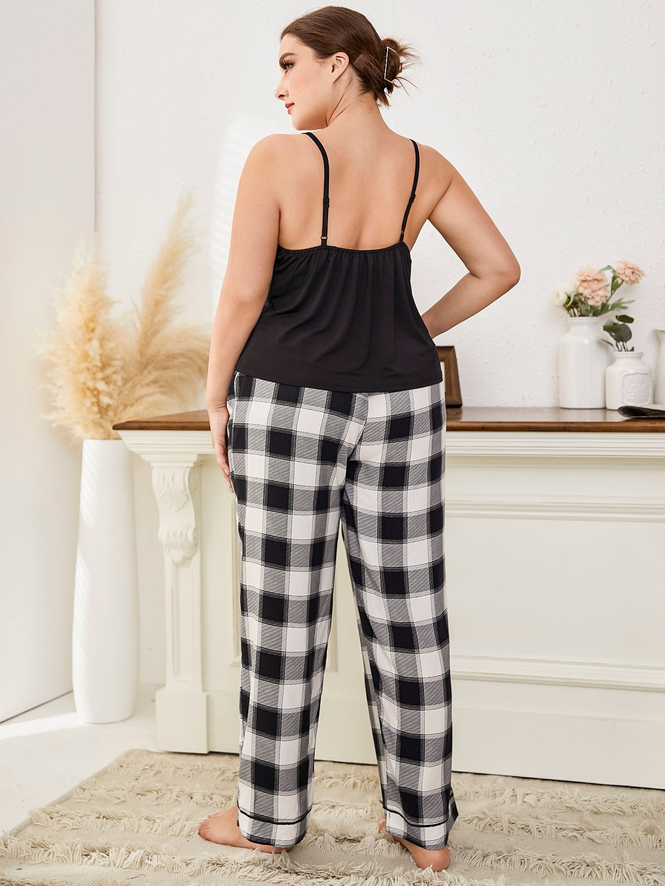 Women's Plus Size Lace Spaghetti Straps Top And Plaid Pants Lounge Set Sai Feel