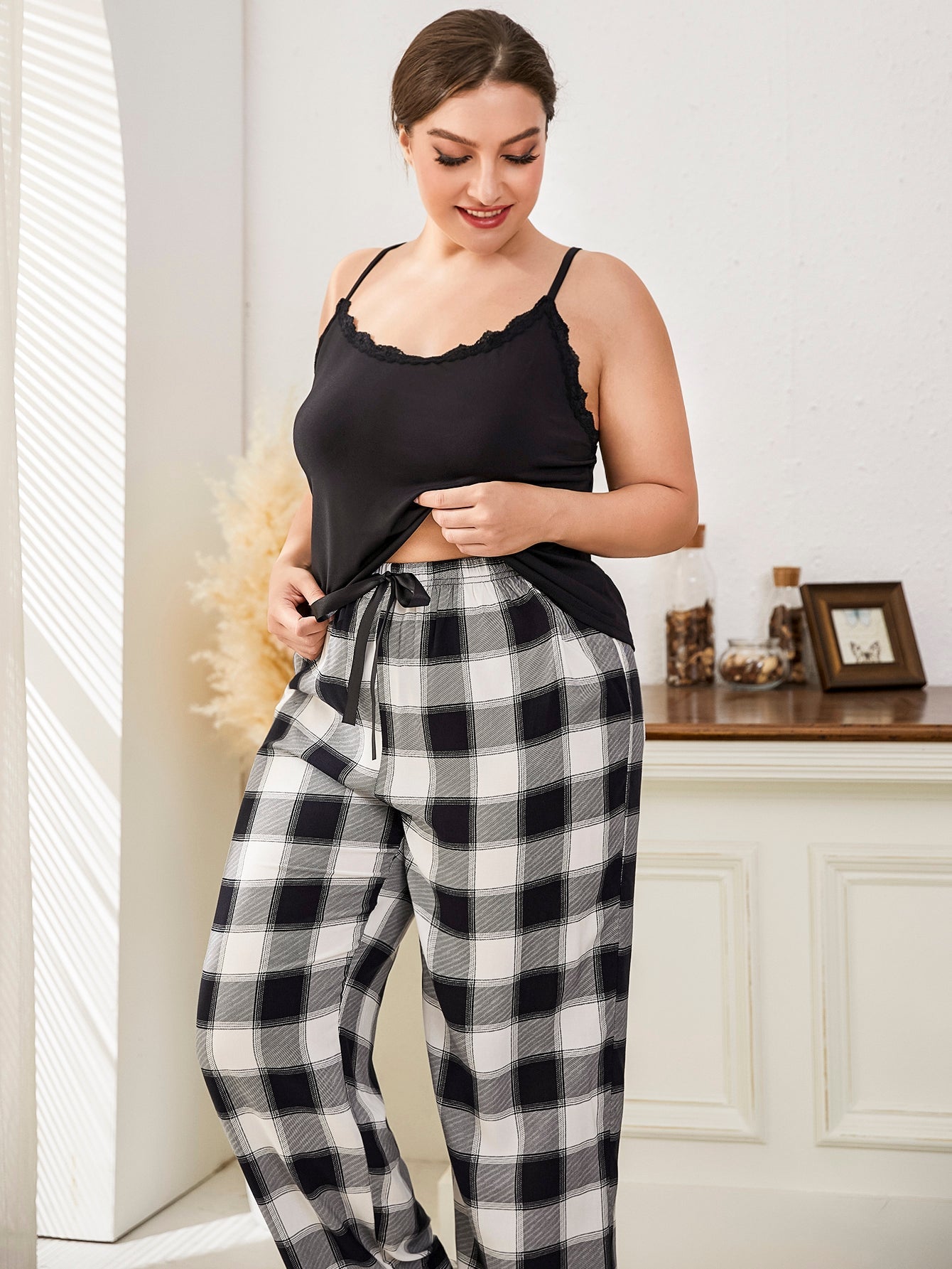 Women's Plus Size Lace Spaghetti Straps Top And Plaid Pants Lounge Set Sai Feel