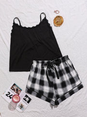 Women's Plus Size Lace Spaghetti Straps Top And Plaid Shorts Lounge Set Sai Feel