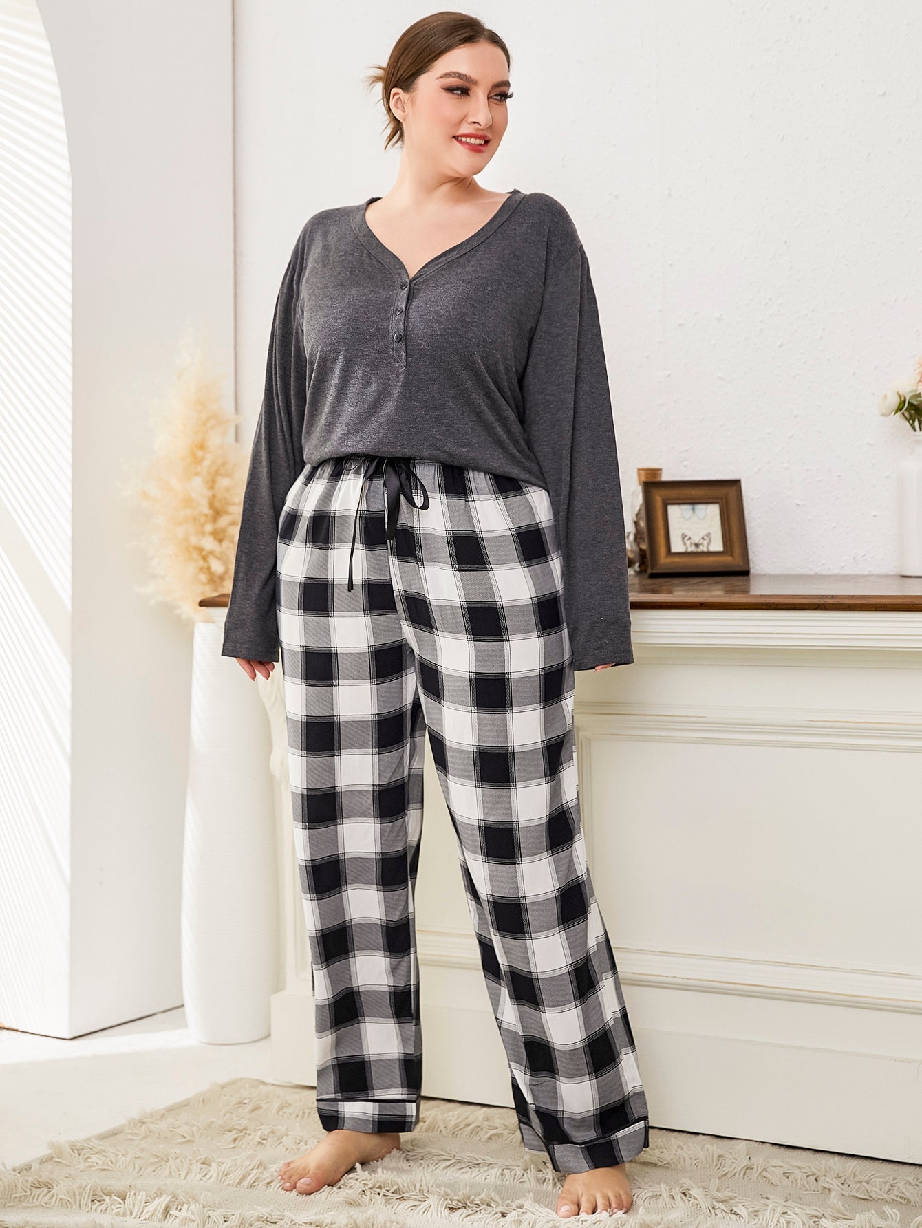 Women's Plus Size Pajamas Sets Long Sleeve with Plaid Pants Soft Sleepwear Sai Feel