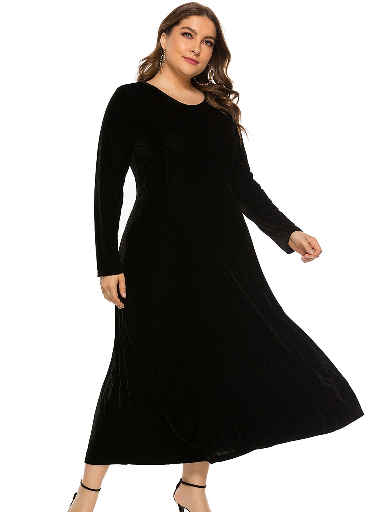 Women's Plus Size Round Neck Long Sleeve Midi Dress Sai Feel