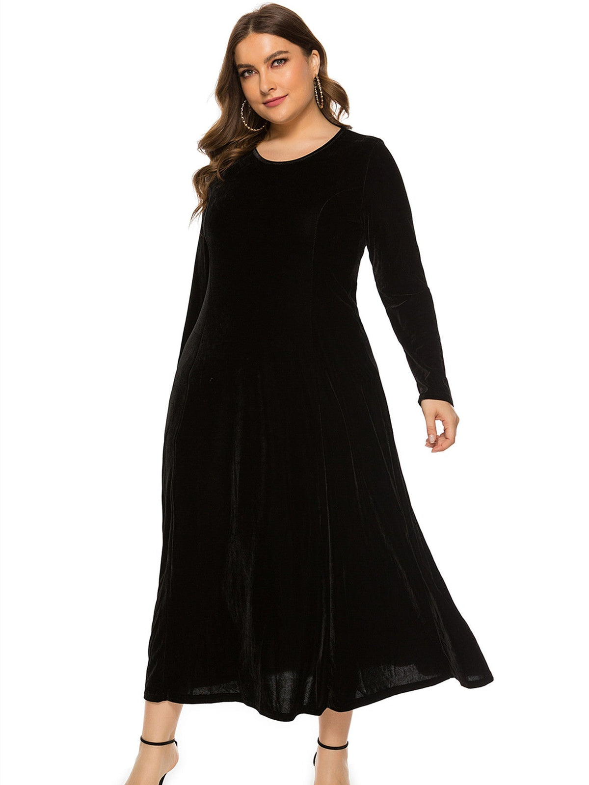 Women's Plus Size Round Neck Long Sleeve Midi Dress Sai Feel