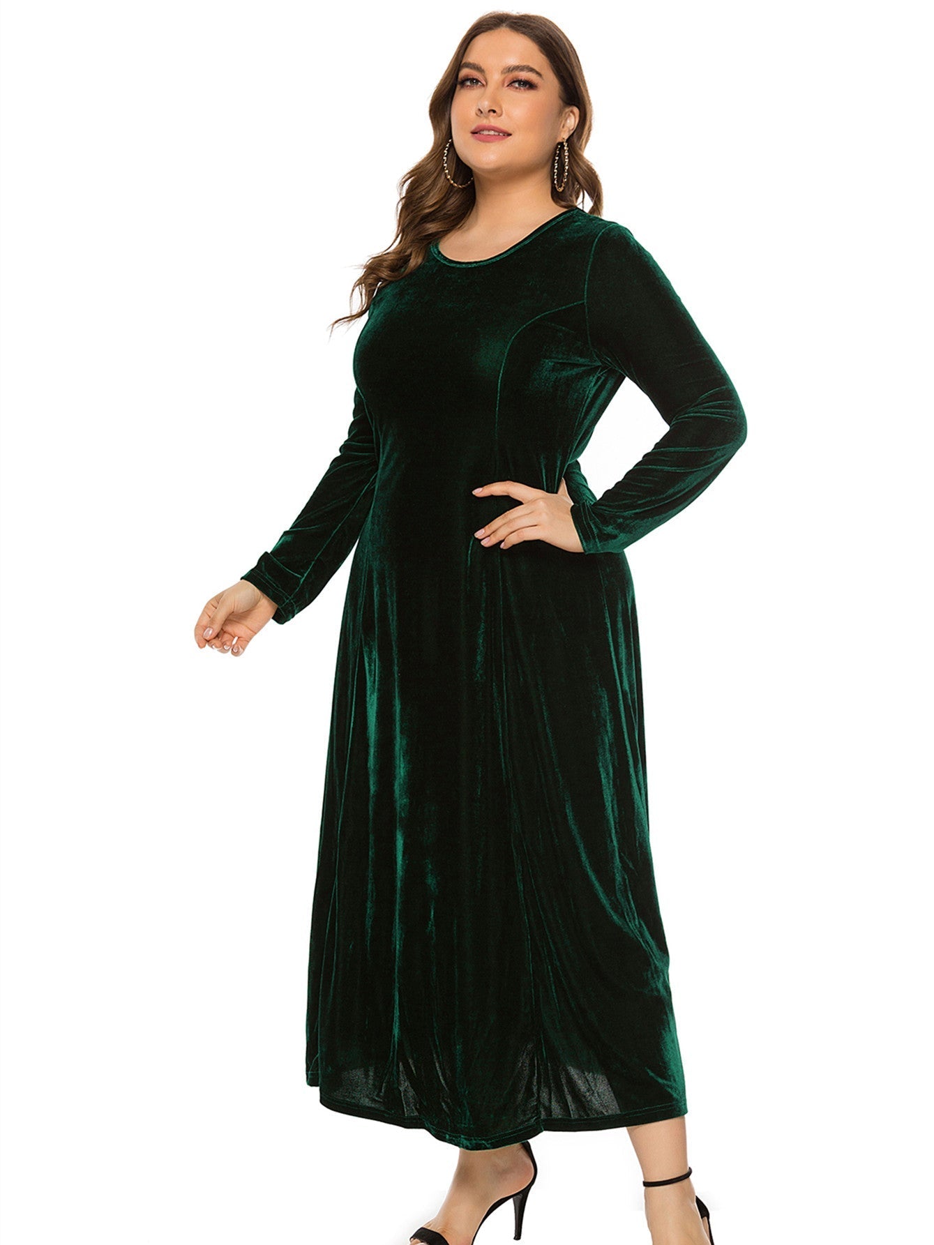 Women's Plus Size Round Neck Long Sleeve Midi Dress Sai Feel