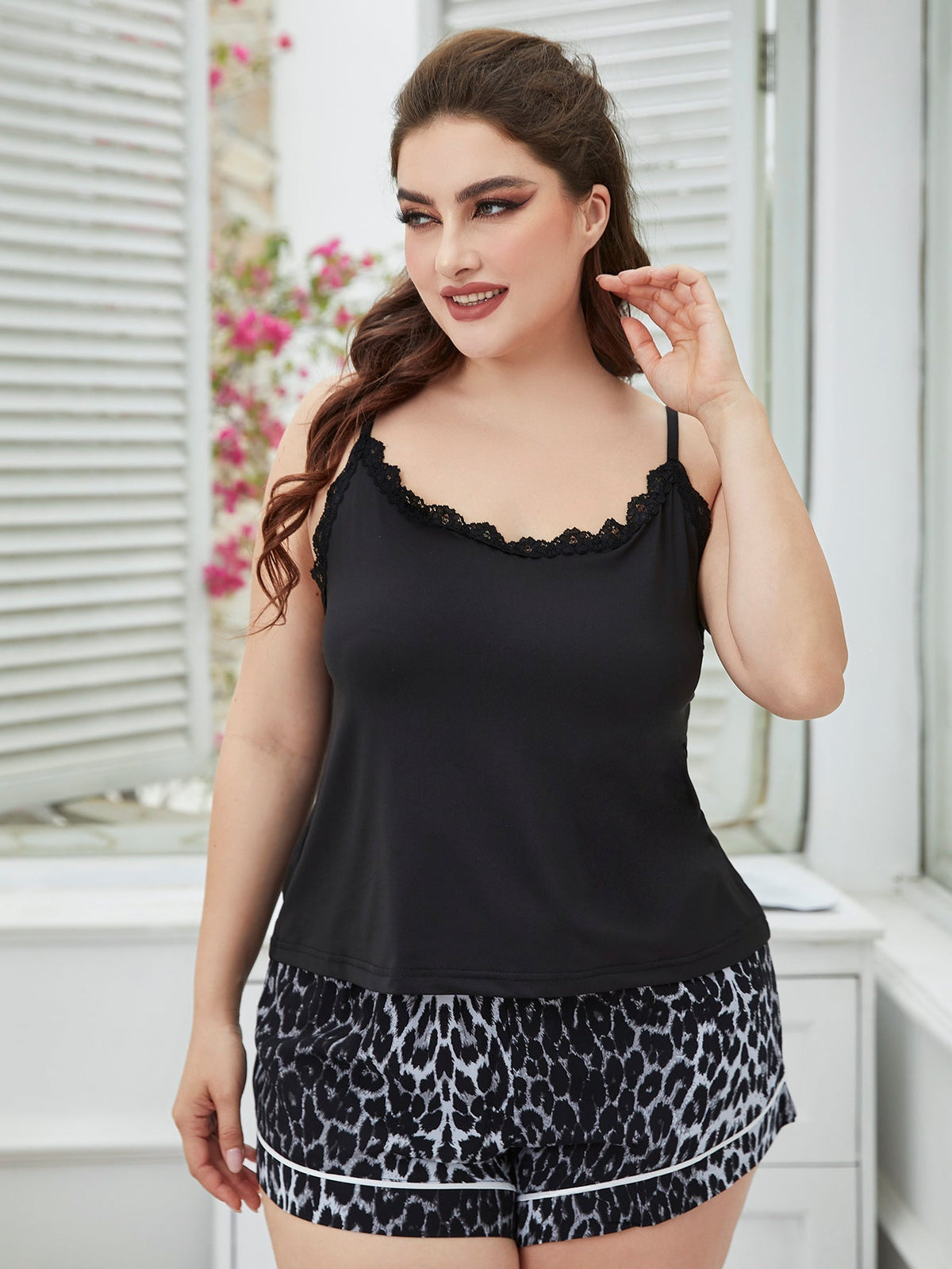 Women's Plus Size Solid Spaghetti Straps Top And Leopard Print Shorts Loungewear Pajamas Set Sai Feel