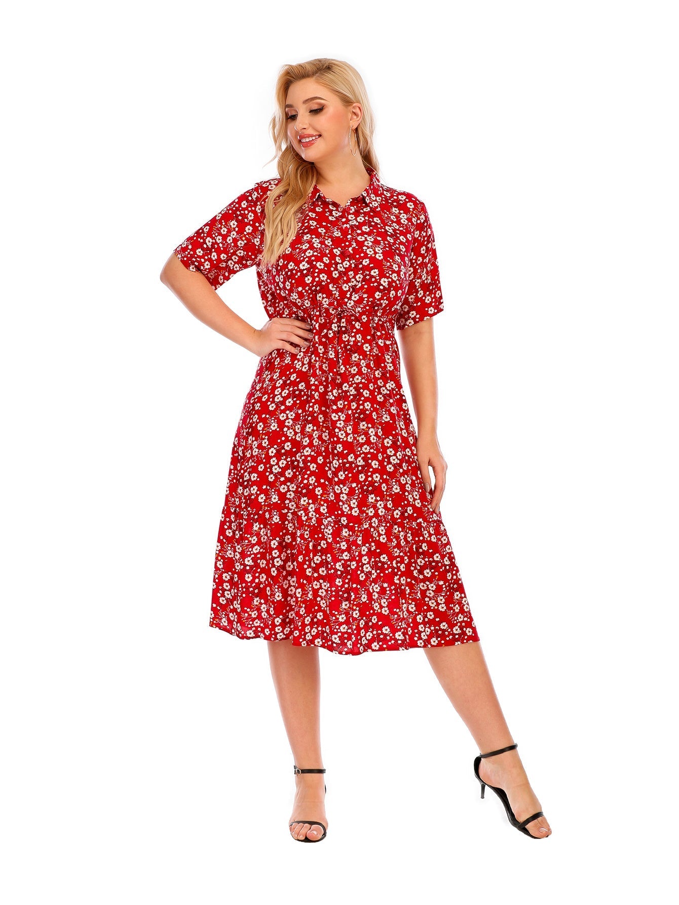Women's Plus Size Stand Collar Floral Printed Buttoned Midi Dress Sai Feel