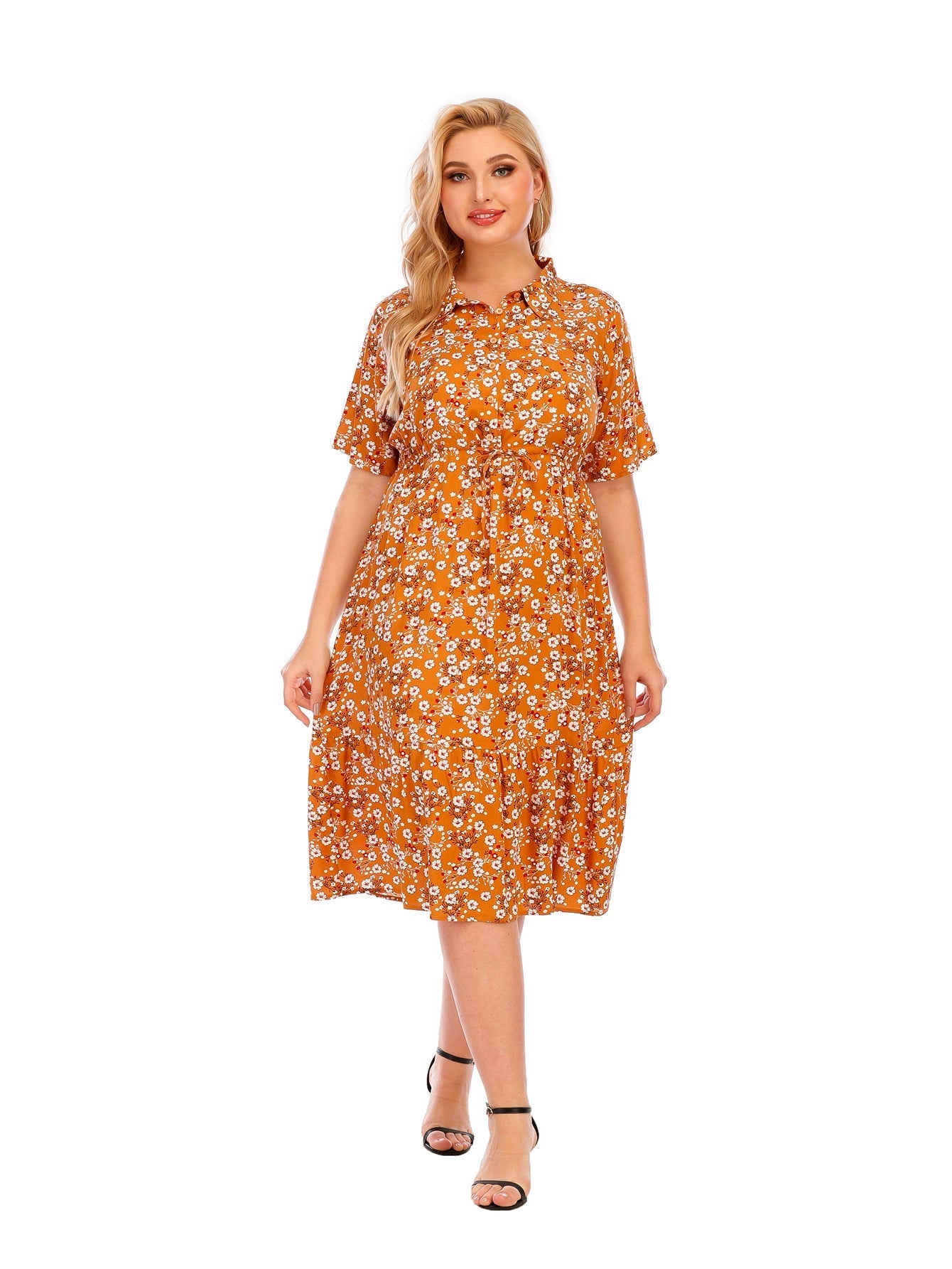 Women's Plus Size Stand Collar Floral Printed Buttoned Midi Dress Sai Feel