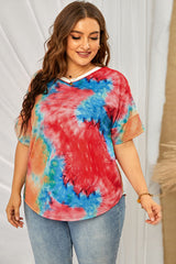 Women's Plus Size Tie Dye Print Short Sleeve Shirt Casual V-neck Blouse Top Sai Feel