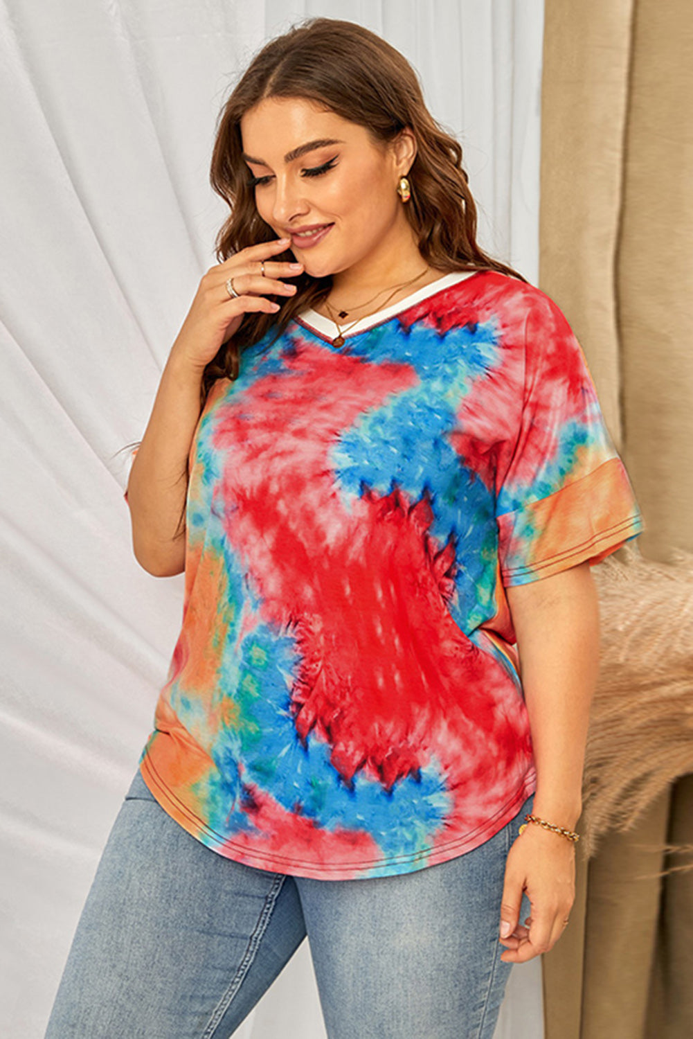 Women's Plus Size Tie Dye Print Short Sleeve Shirt Casual V-neck Blouse Top Sai Feel