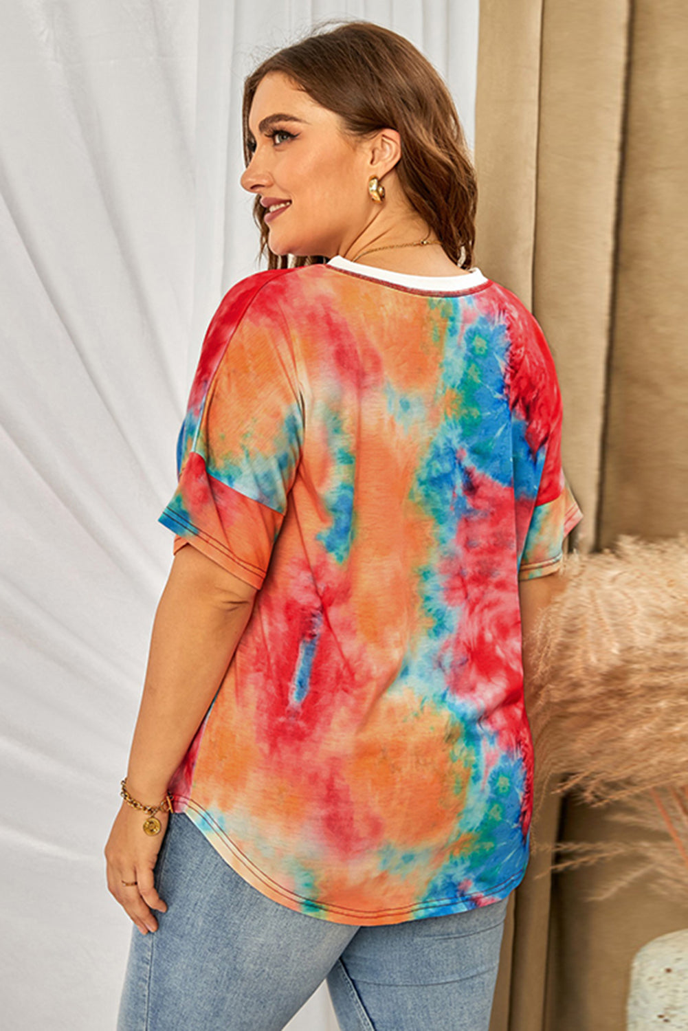 Women's Plus Size Tie Dye Print Short Sleeve Shirt Casual V-neck Blouse Top Sai Feel