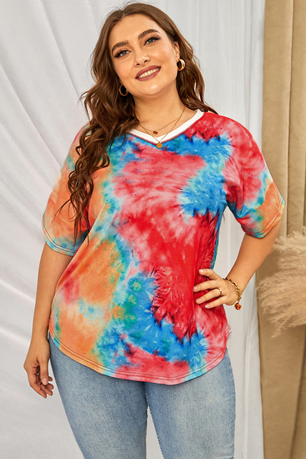 Women's Plus Size Tie Dye Print Short Sleeve Shirt Casual V-neck Blouse Top Sai Feel