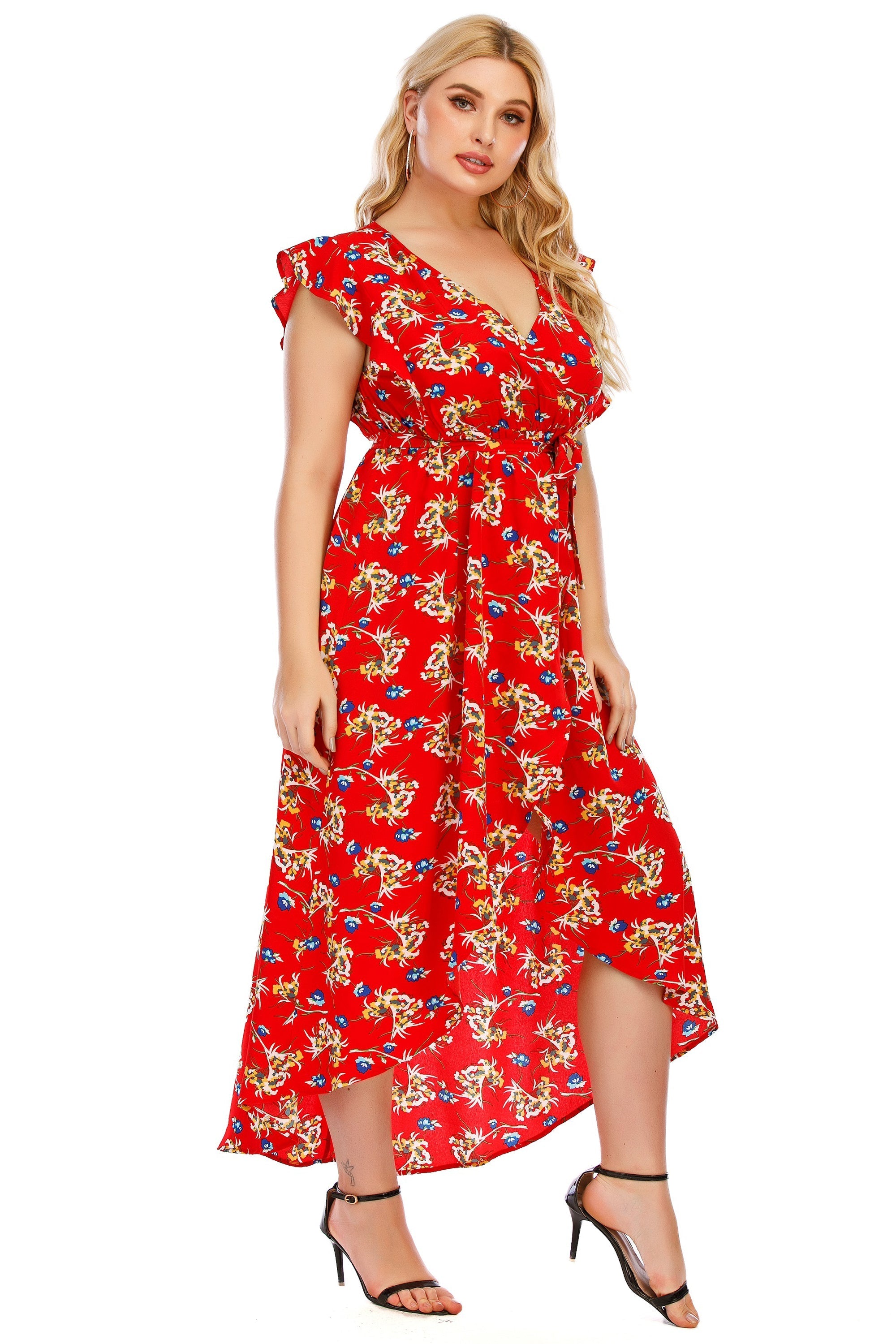Women's Plus Size V neck Faux Wrap Floral Printed Ruffle Hi-Low Dress Sai Feel