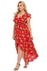 Women's Plus Size V neck Faux Wrap Floral Printed Ruffle Hi-Low Dress Sai Feel