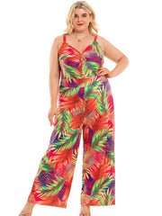 Women's Plus Size V neck with Knots Printed Wide Leg Jumpsuits Sai Feel