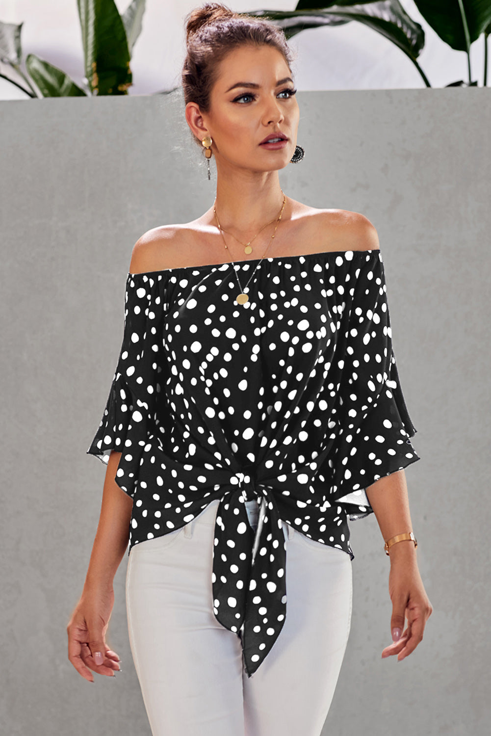 Women's Polka Dot 3/4 Bell Sleeve Off Shoulder Front Tie Knot Top Blouse Cozy Casual Pullover Shirt Sai Feel