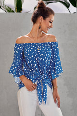 Women's Polka Dot 3/4 Bell Sleeve Off Shoulder Front Tie Knot Top Blouse Cozy Casual Pullover Shirt Sai Feel