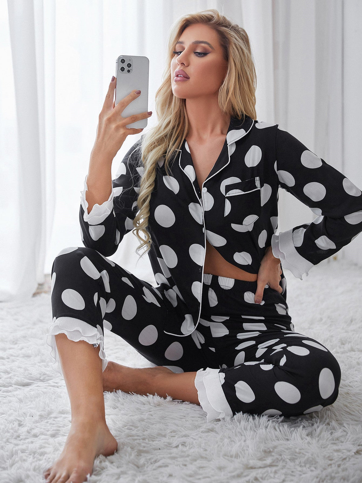 Women's Polka Dot Soft Button Down Pajama Set V-Neck Long Sleeve Sleepwear Sai Feel