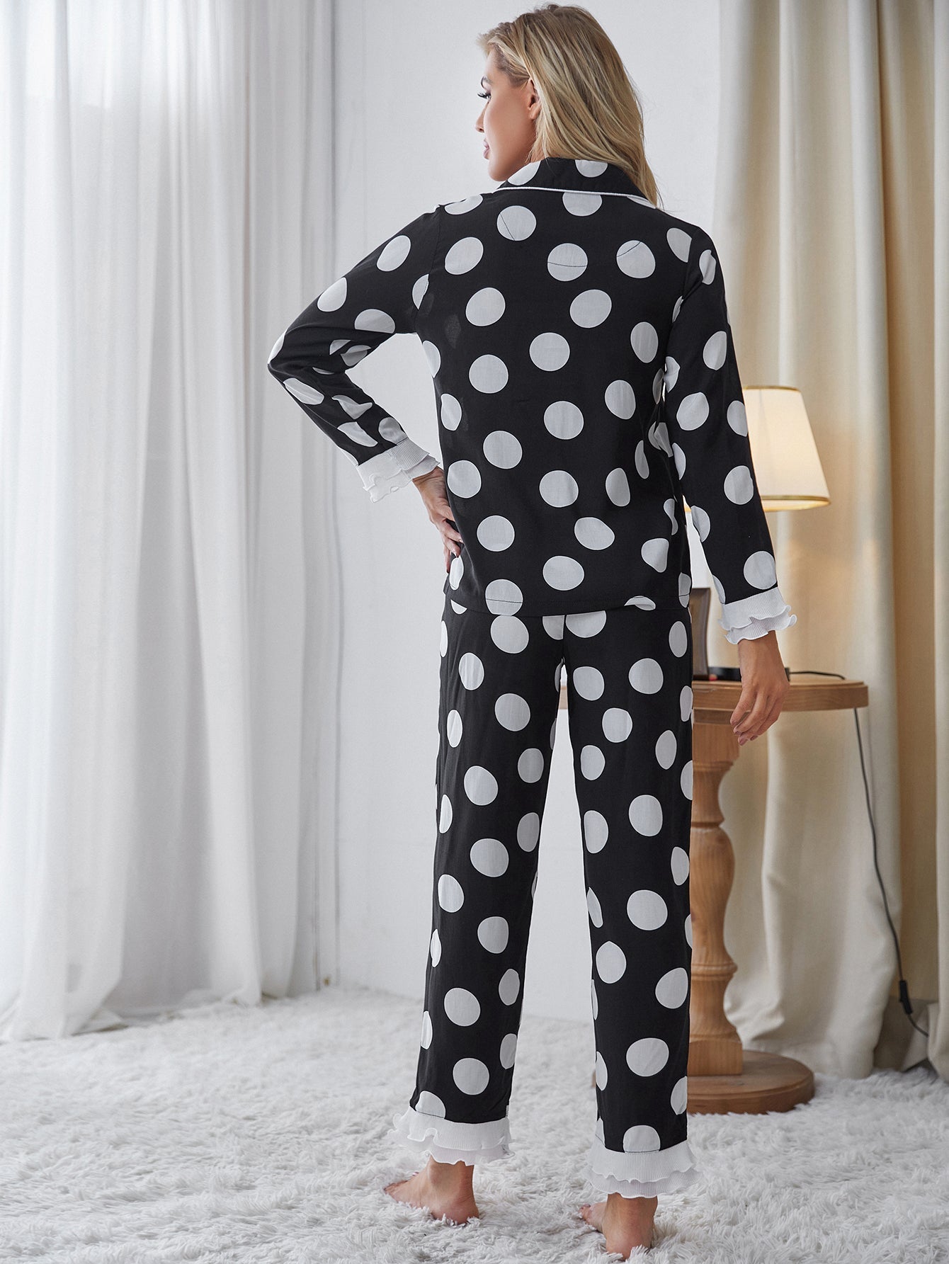 Women's Polka Dot Soft Button Down Pajama Set V-Neck Long Sleeve Sleepwear Sai Feel