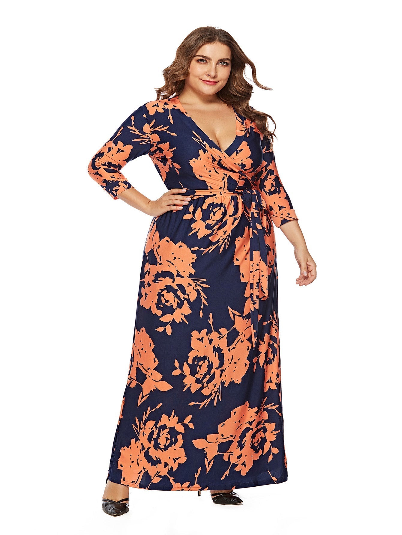 Women's Printed Plus Size Stand Collar 3/4 Sleeve Long Wrap Dress Sai Feel