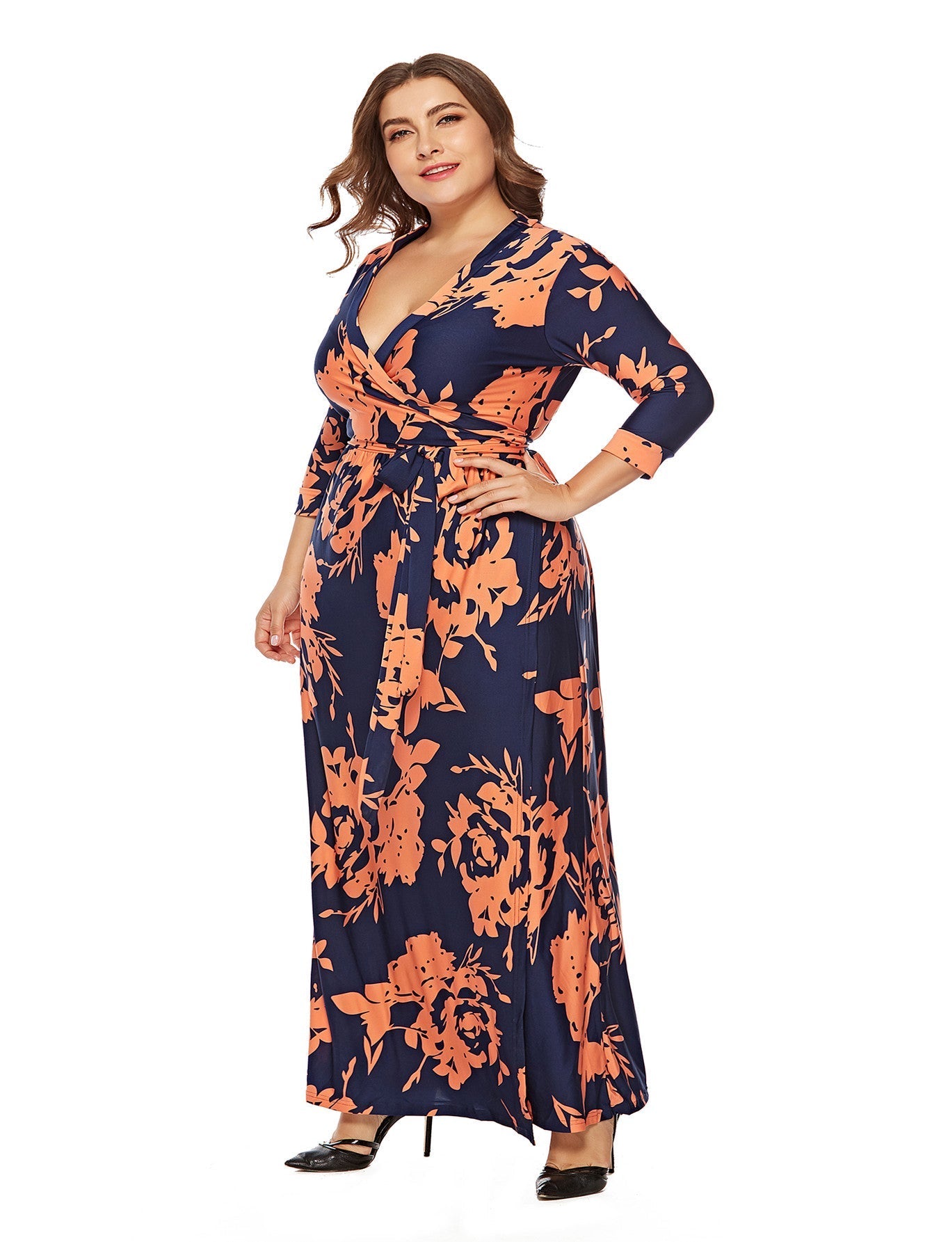 Women's Printed Plus Size Stand Collar 3/4 Sleeve Long Wrap Dress Sai Feel