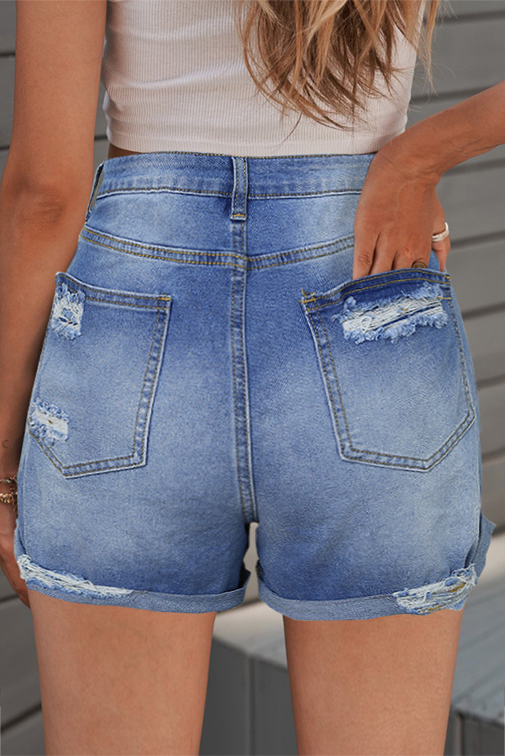 Women's Ripped Denim Jean Shorts Mid Rise Folded Hem Short Jeans Sai Feel