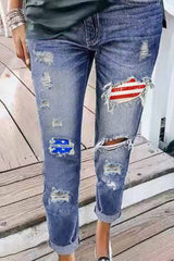 Women's Ripped Jeans Distressed Mid Waist Stretch Skinny Denim Pants With Hole Sai Feel