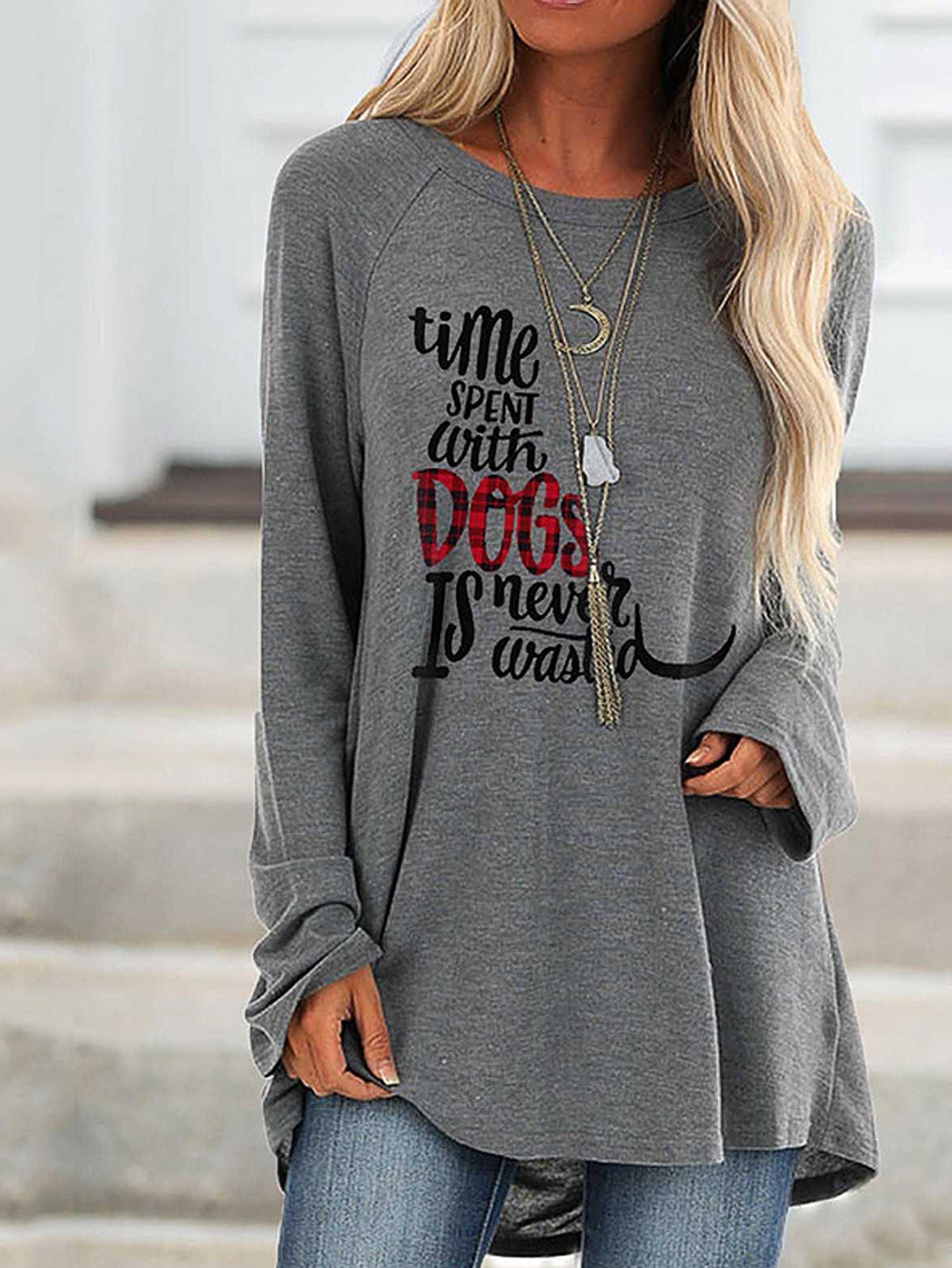 Women's Round Neck Casual Letter Printed Long Sleeve Pullover Tops Sai Feel