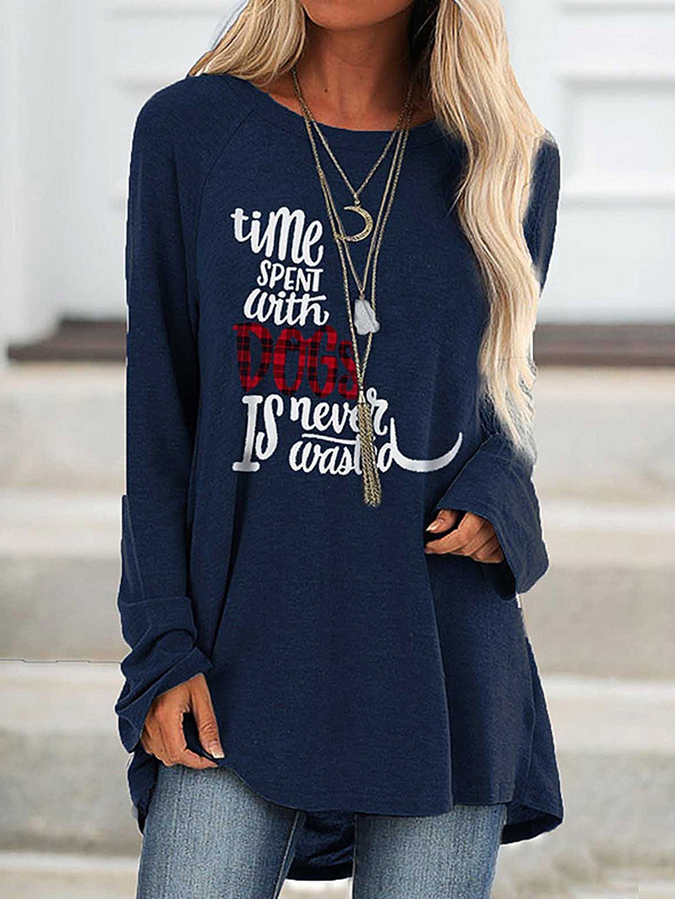 Women's Round Neck Casual Letter Printed Long Sleeve Pullover Tops Sai Feel