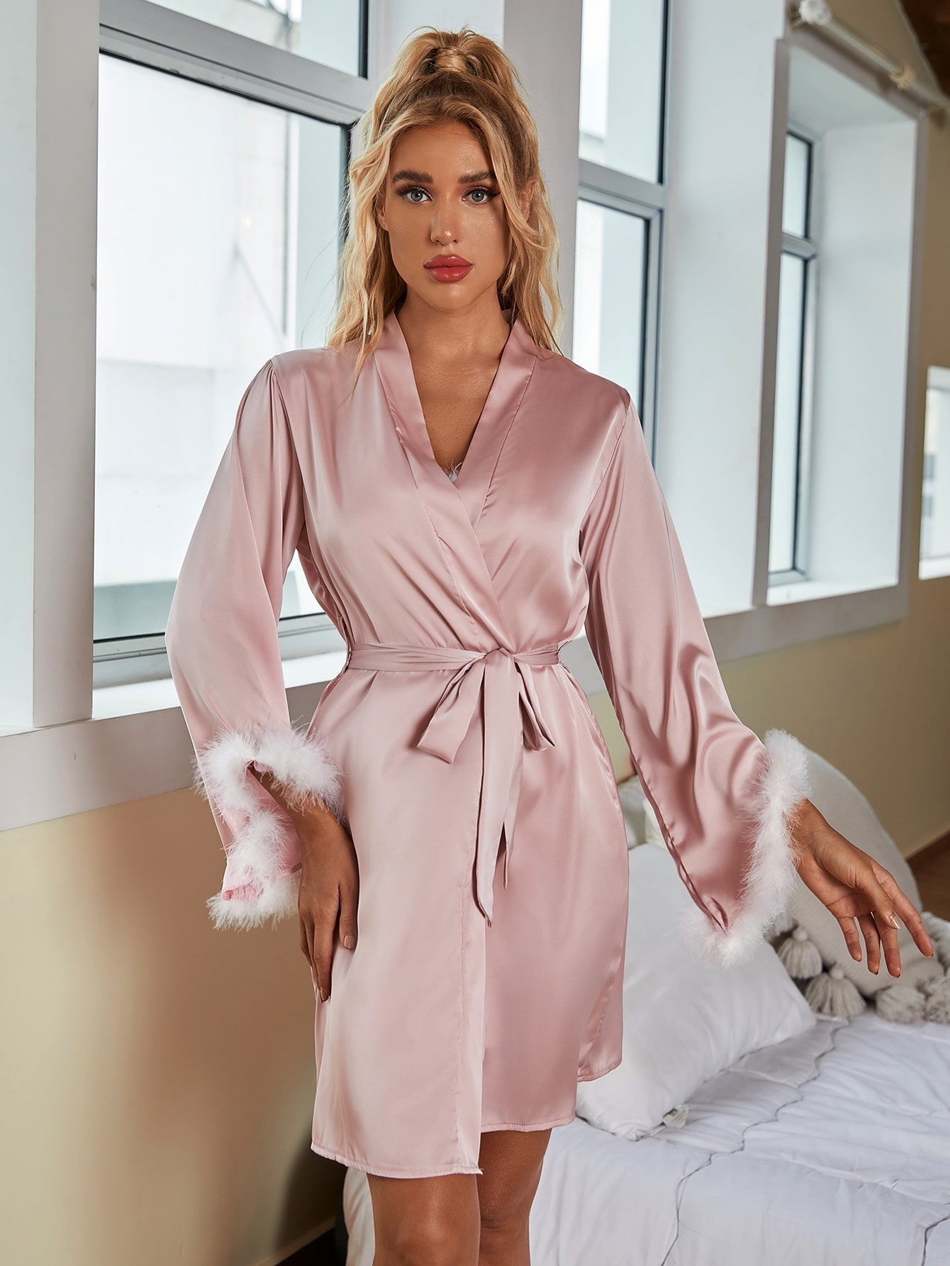 Women's Sexy Silky Satin Robe Loungewear 2PC Sleepwear Set Kimono Robe Pajama Dress 2 Piece Suit Sai Feel
