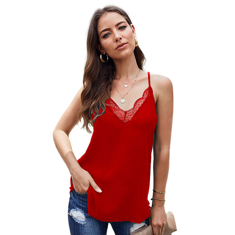 Women's Sexy Solid Color Camisole V-Neck Lace Ruffled Tank Top Backless Sleeveless Top Sai Feel