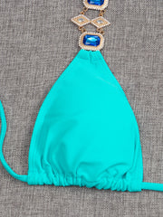 Women's Sexy Triangle Bathing Two Pieces Halter Crystal Diamond Swimsuit Bikini Set,Padded Bathing Suits Sai Feel