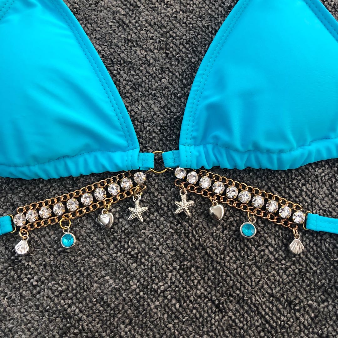 Women's Sexy Triangle Bathing Two Pieces Halter Crystal Diamond Swimsuit Bikini Set,Padded Bathing Suits Sai Feel