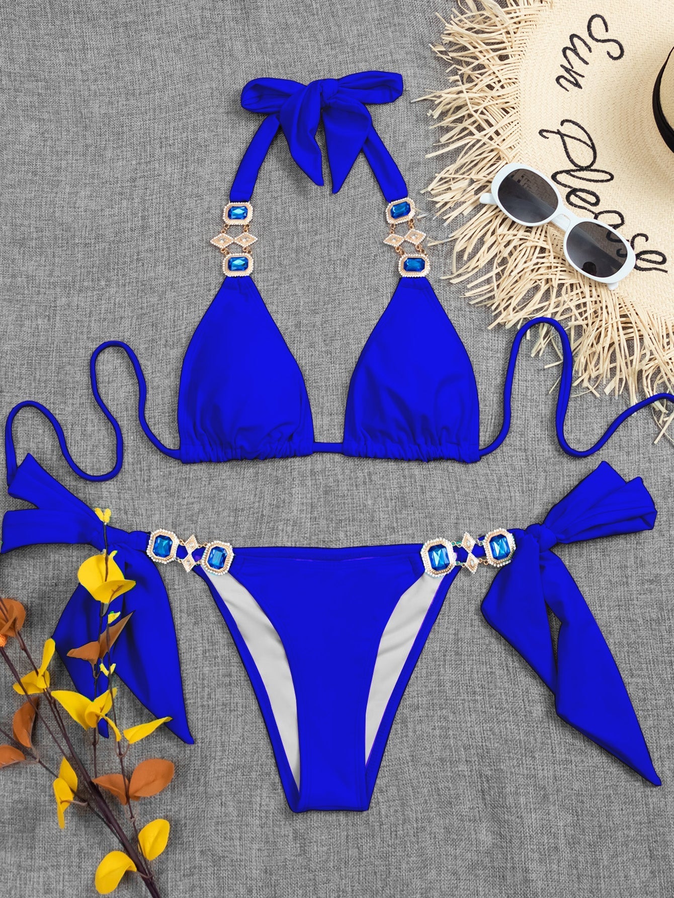 Women's Sexy Triangle Bathing Two Pieces Halter Crystal Diamond Swimsuit Bikini Set,Padded Bathing Suits Sai Feel