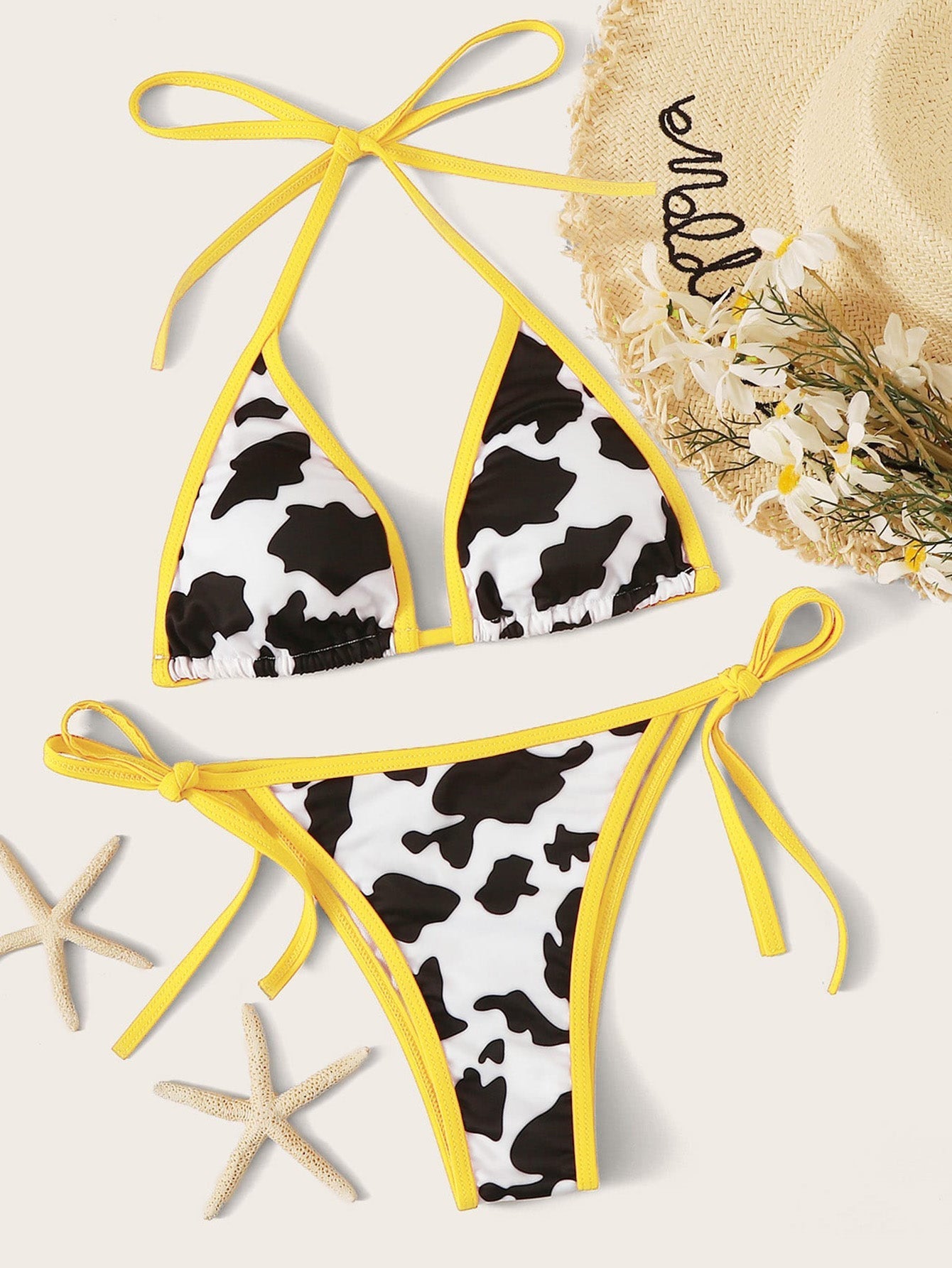 Women's Sexy Triangle Bathing Two Pieces Swimsuit Adjustable Halter Bikini Set Cow pattern Bikini Set,Padded Bathing Suits Sai Feel