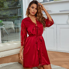 Women's Silky Satin Pajamas Set:strapped dress +long sleeve Robe/Nightgown+waistband+thongs;Sexy Sleepwear Robe Sets Nightdress Sai Feel