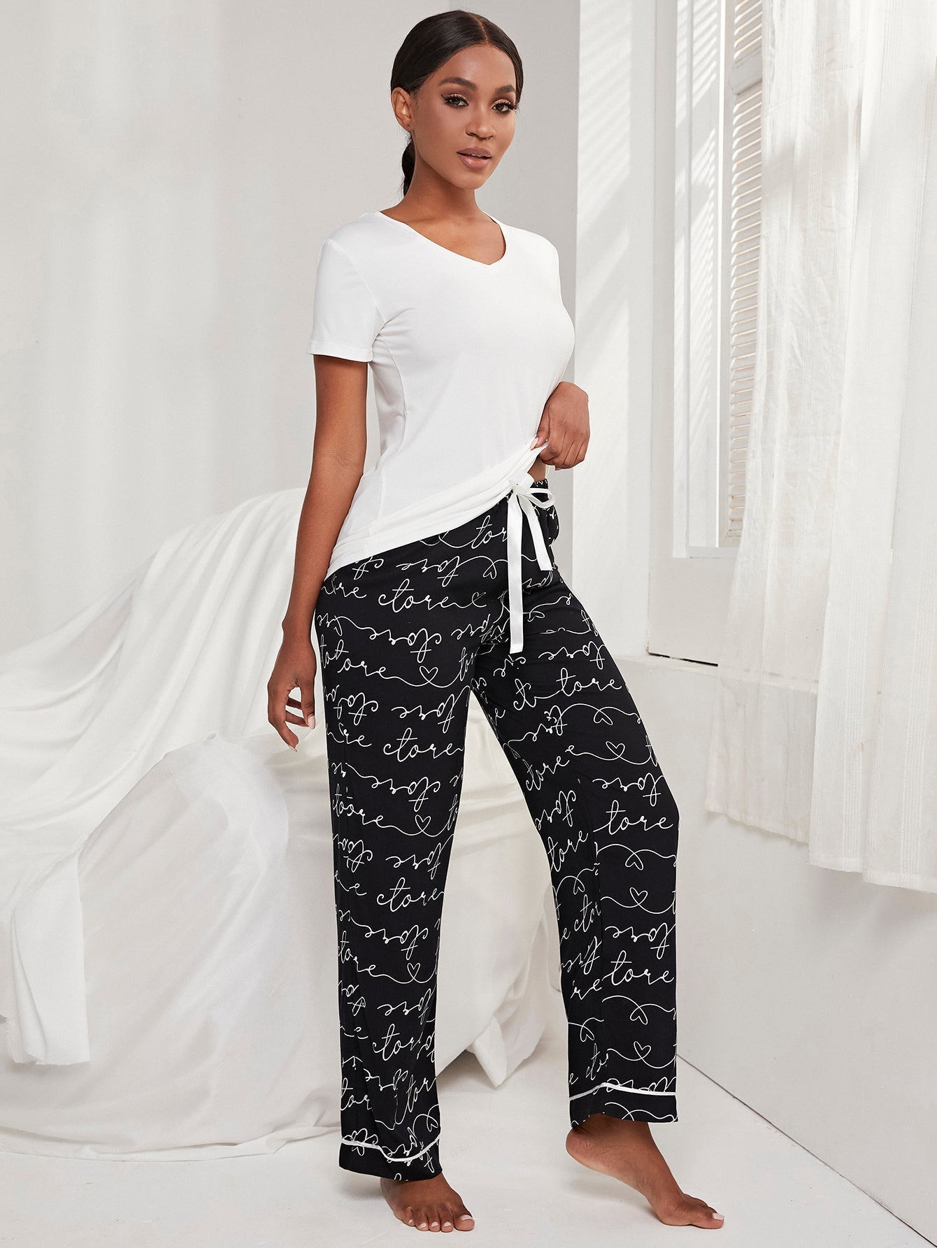 Women's Sleepwear Short Sleeves Top with Pants 2pcs Pajama Set Sai Feel