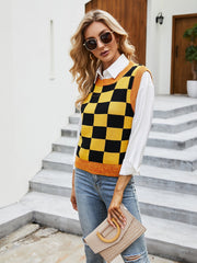 Women's Sleeveless Knitted Sweater Check Color Pullover Knitted Vest Sai Feel