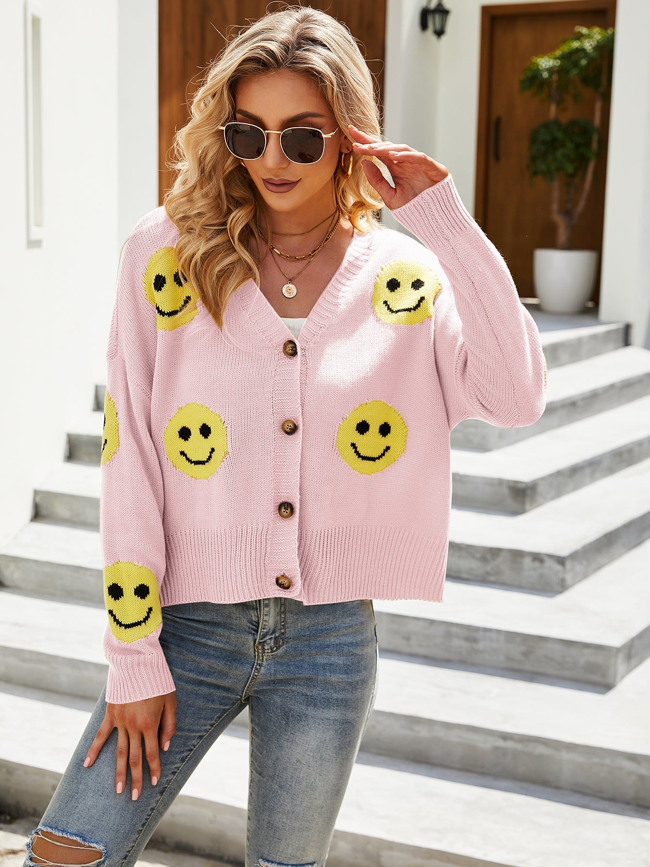 Women's Smiley Face Pattern Sweater Cardigan Long Sleeve Loose Knit Sweater Jacket Sai Feel