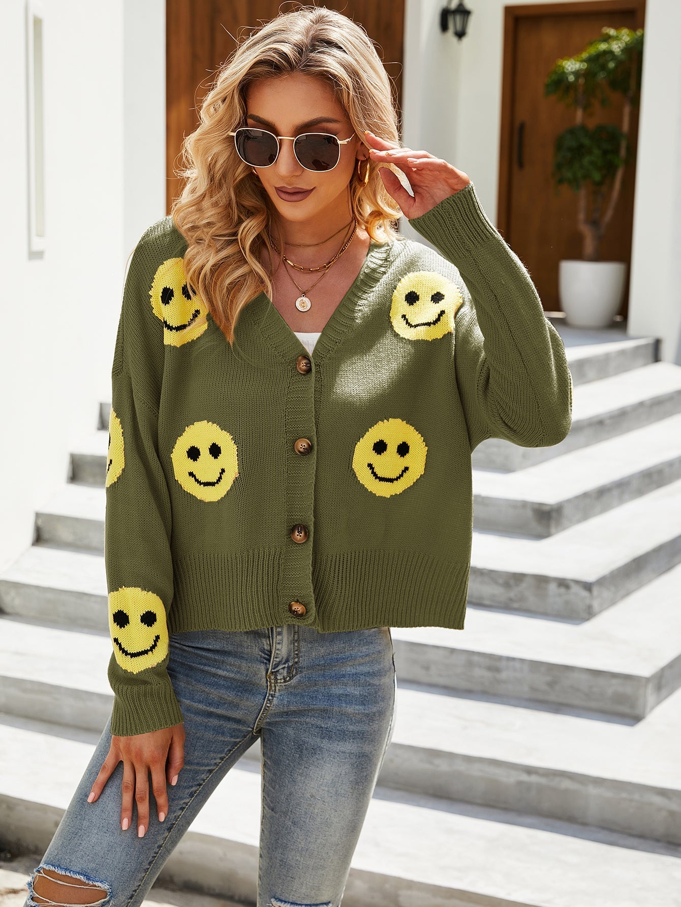 Women's Smiley Face Pattern Sweater Cardigan Long Sleeve Loose Knit Sweater Jacket Sai Feel