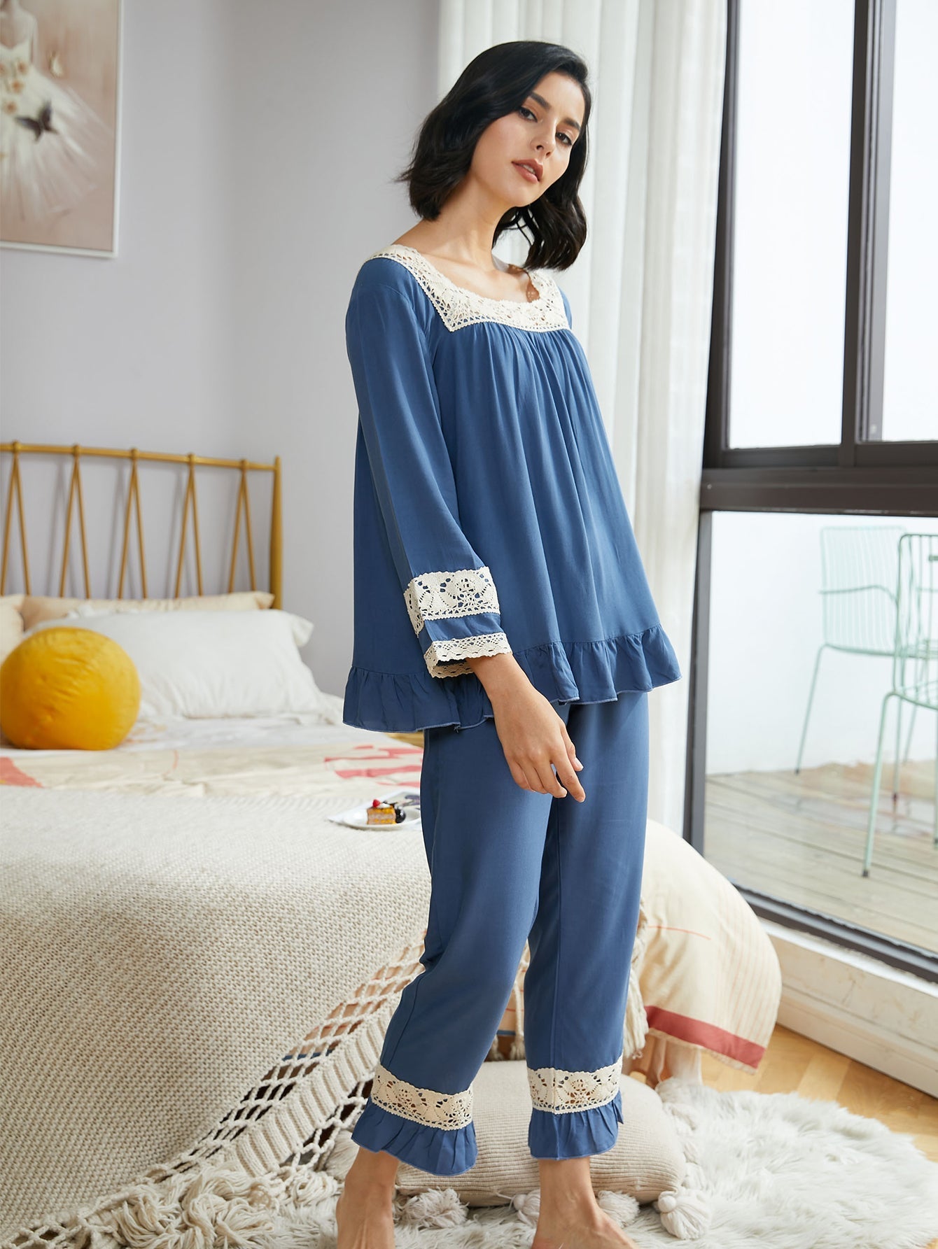 Women's Soft Royal Pajama Set Long Sleeve Lace Rim Sleepwear Sai Feel