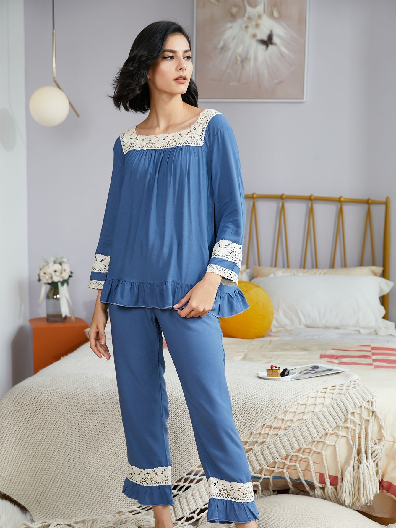 Women's Soft Royal Pajama Set Long Sleeve Lace Rim Sleepwear Sai Feel