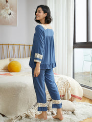 Women's Soft Royal Pajama Set Long Sleeve Lace Rim Sleepwear Sai Feel