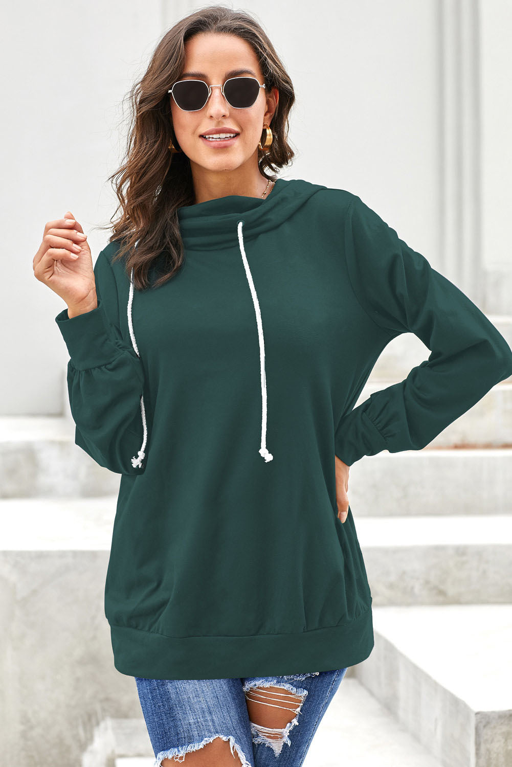 Women's Solid Color Long Sleeve Elastic Cuff Hoodie With Rope Drawstring Sai Feel