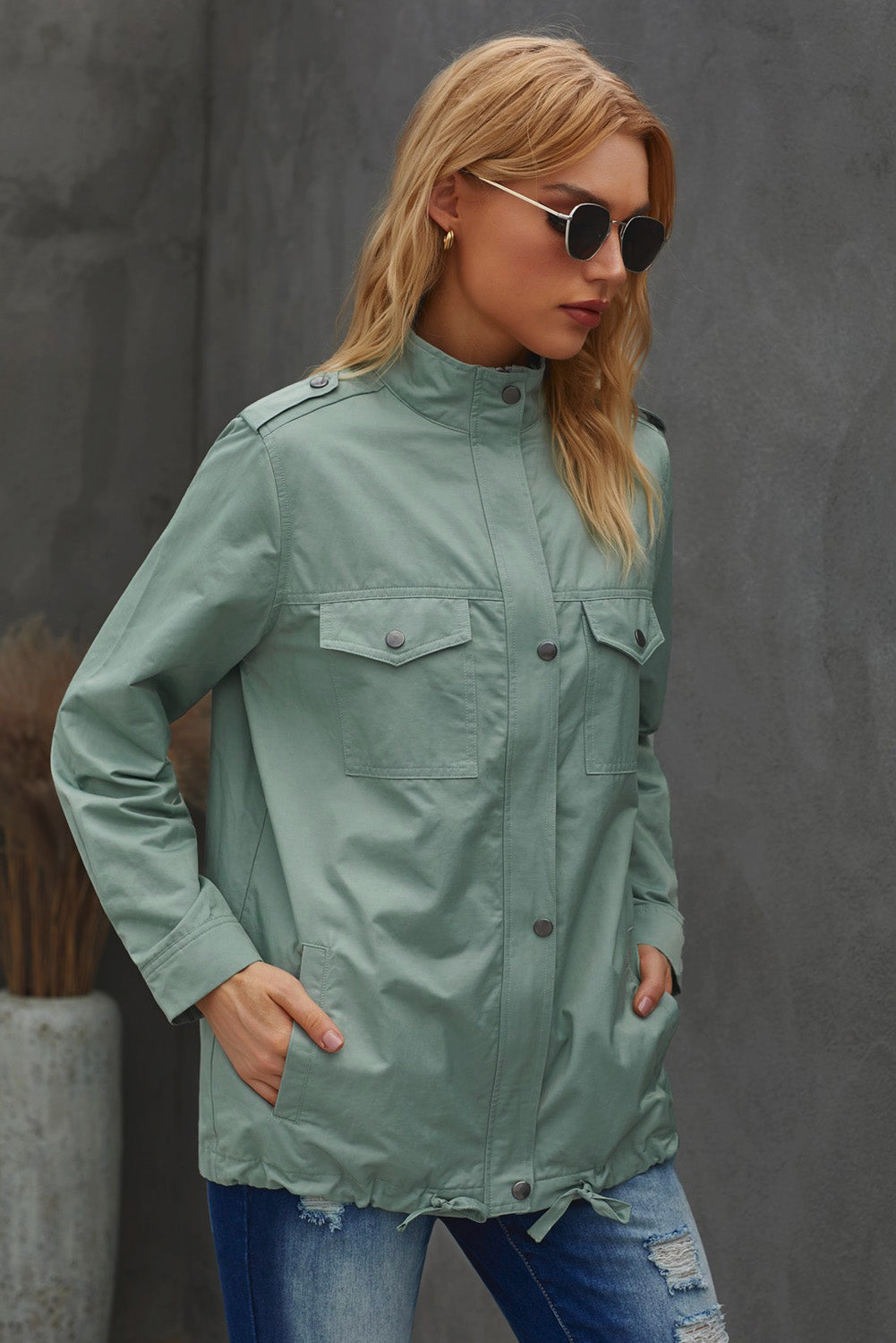 Women's Solid Color Long Sleeve Pocket Adjustable Hem Full-Zip Coat Sai Feel