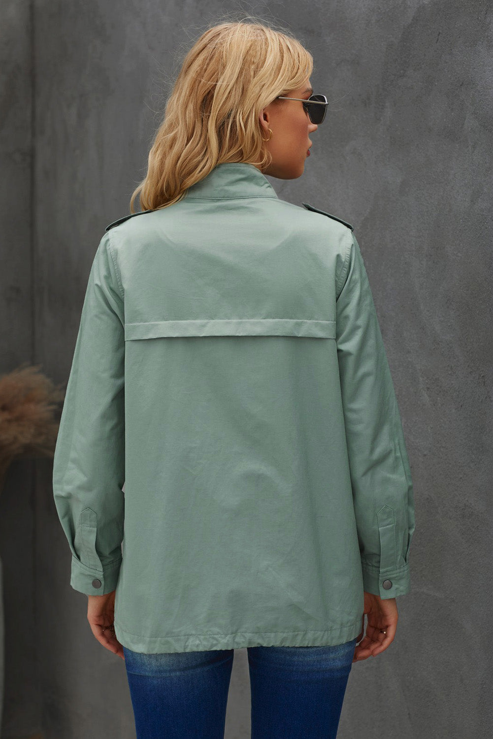 Women's Solid Color Long Sleeve Pocket Adjustable Hem Full-Zip Coat Sai Feel